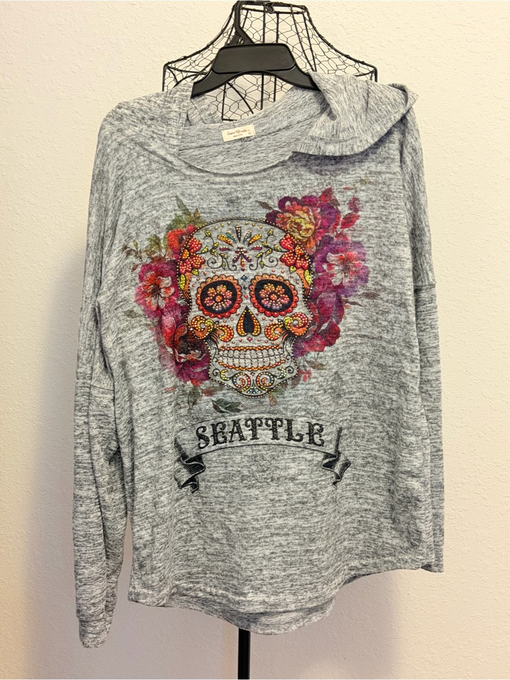 Seattle Floral Sugar Skull Gray Hoodie Top